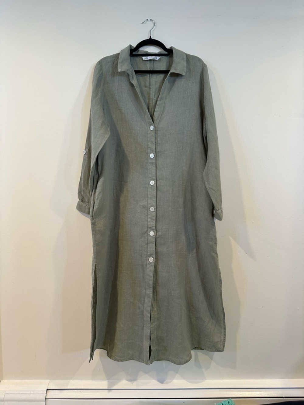 Zara Olive Green Button-Front Maxi Shirt Dress